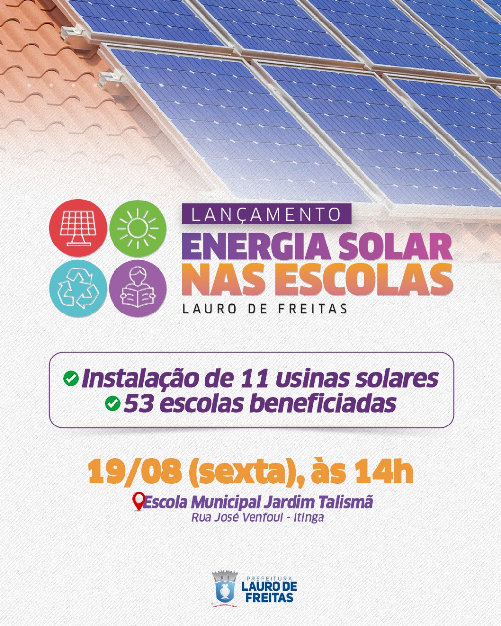 Energia solar será implantada em 53 escolas municipais de Lauro de Freitas